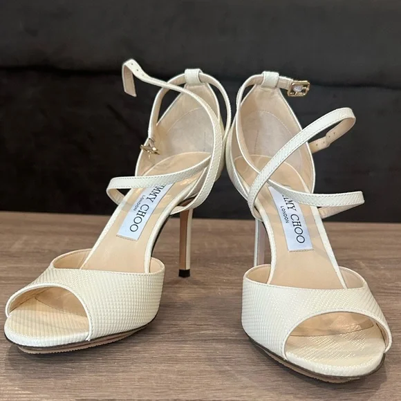 JIMMY CHOO EMSY 85MM CHEVRON EMBOSSED PATENT SANDAL HEELS  Size 37/7 - Picture 2 of 9